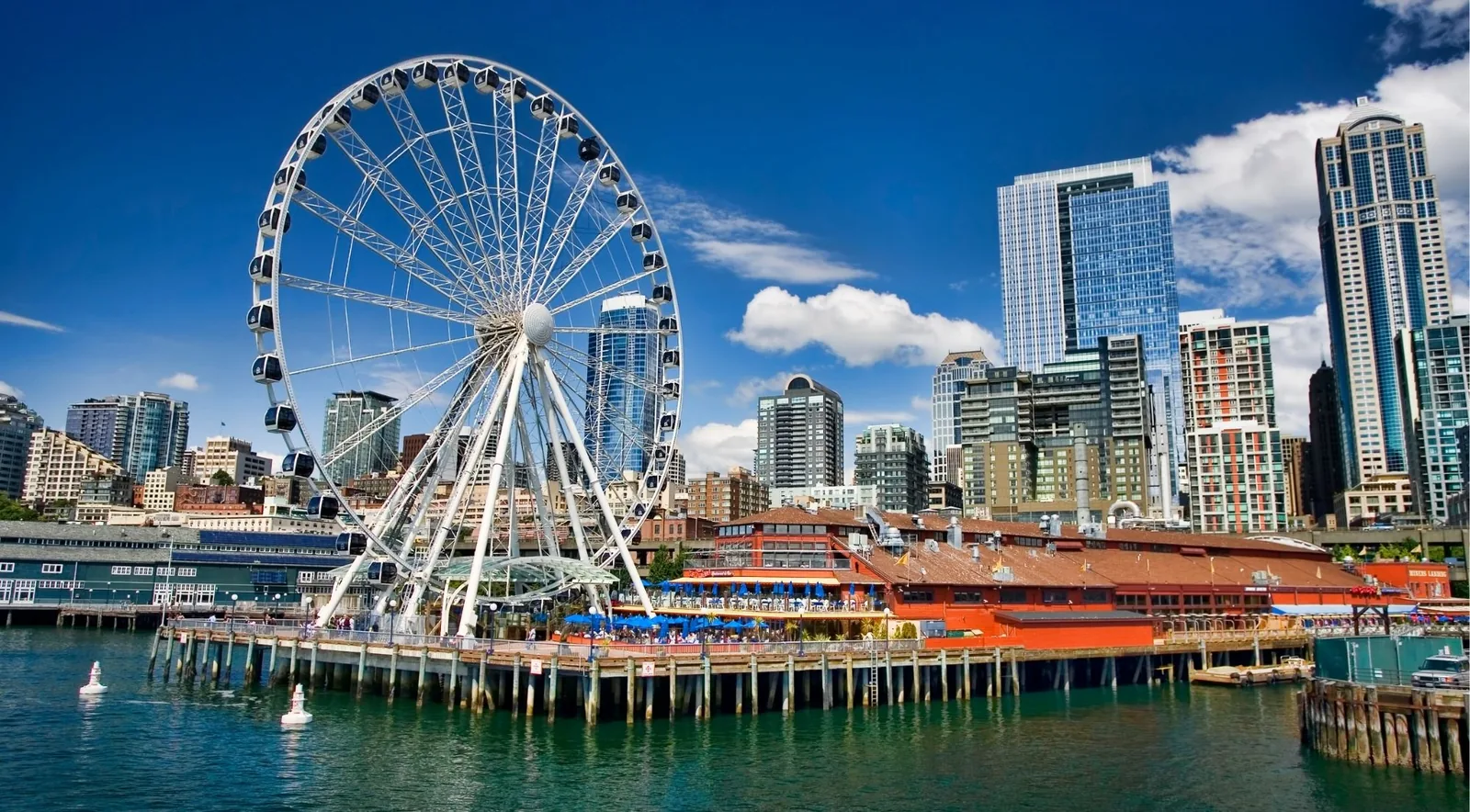 The Seattle Great Wheel on the Elliott Bay waterfront under a blue sky
